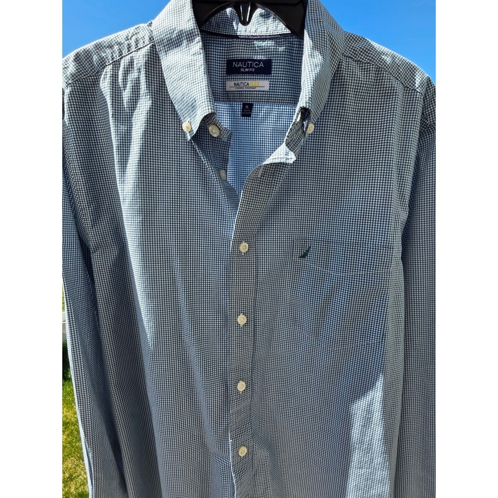 Men's sz XL Nautica Flex Slim Fit Gingham Button Down Shirt Blue White Pocket
